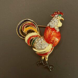 Vintage Enamel Rooster Brooch, Gold Tone Barnyard Chicken Pin